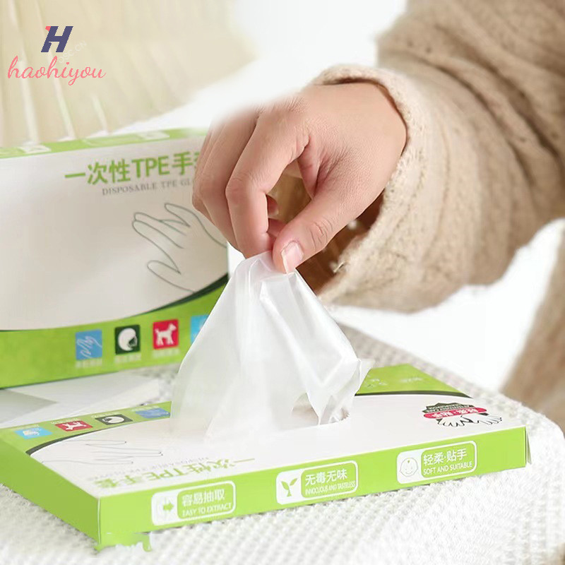 <haohiyou> 100 ชิ้น/กล่อง Latex ฟรีถุงมือ TPE ถุงมือทิ้งโปร่งใสลื่นกรดทํางานความปลอดภัยเกรดอาหารถุงมือทําความสะอาดในครัวเรือน Nice