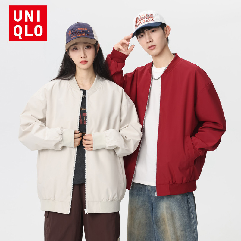 Uni-qlo Baseball Collar เสื้อแจ็คเก็ตผู้ชายสีทึบเสื้อสเวตเตอร์ถักลําลองกันน้ําของผู้หญิง