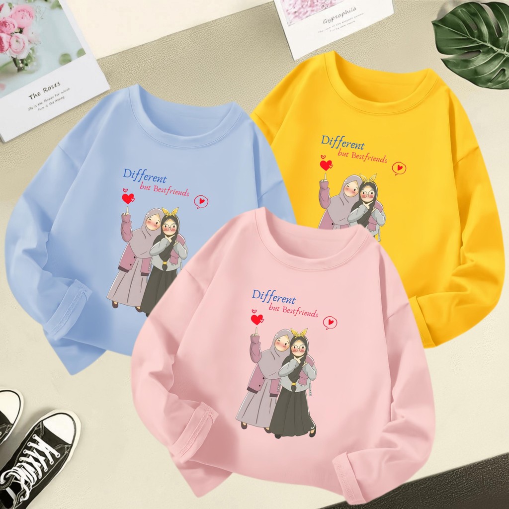 3-12 ปี Best Friends Motif การ์ตูนพิมพ์สาวเสื้อยืดแขนยาวนุ่มรอบคอเด็กสีทึบเสื้อผ้าเด็กเรียบง่าย Baju-t