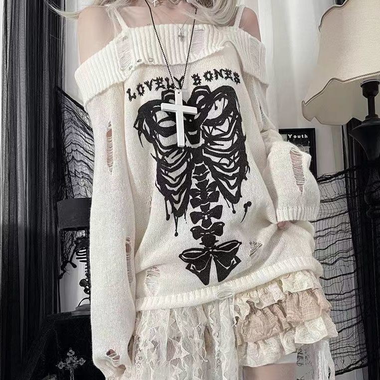 สาวสไตล์โกธิคออกแบบสาวฮอตหวานวัฒนธรรมย่อย Y2K เสื้อสเวตเตอร์ไหล่เซ็กซี่บางขาดรูเทรนด์มิลเลนเนียมสีดำ