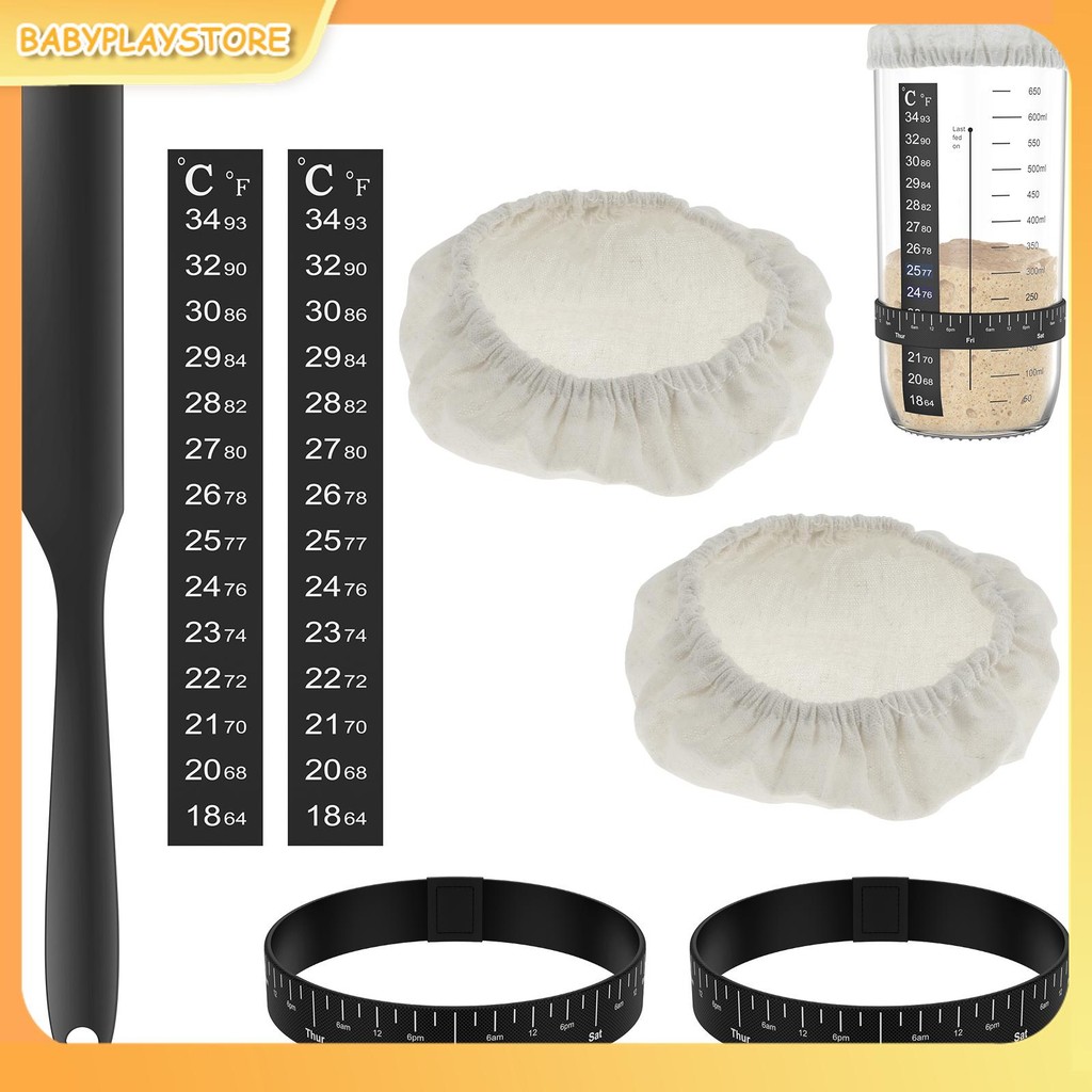 7 ชิ้น Sourdough Starter Kit Sourdough Starter อุปกรณ์เสริมผ้าครอบคลุมอุณหภูมิและวันที่ Marked Feedi