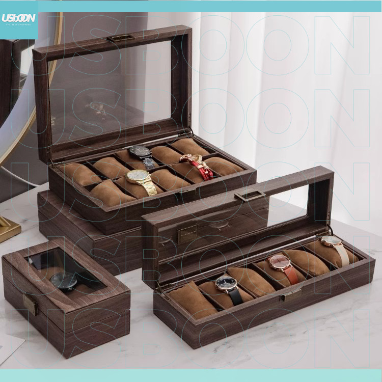 usboon กล่องนาฬิกา กล่องเก็บนาฬิกาข้อมือ กันฝุ่น ลายไม้ น้ำหนักเบา ทำความสะอาดง่าย