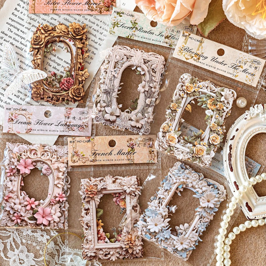 Qouzmo 10 ชิ้น/แพ็ค Vintage วารสาร Collage สติกเกอร์[ดอกไม้กระจก Manor Series]diy Scrap Book Supplies ไดอารี่ deco เครื่องเขียน