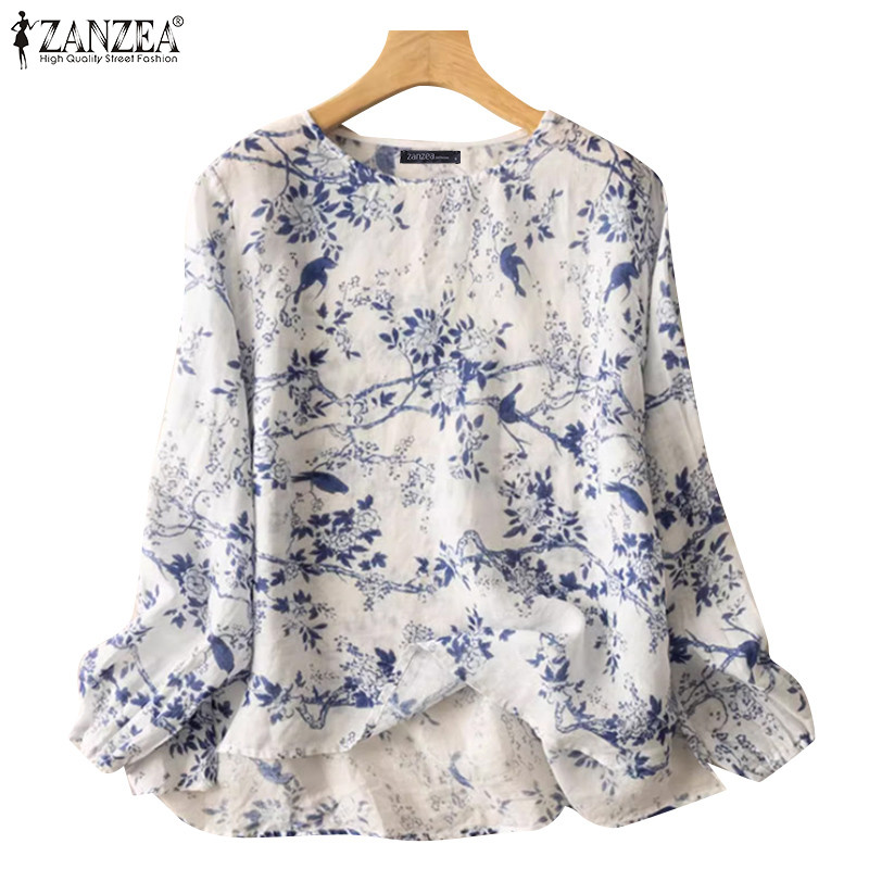 Zanzea เสื้อเบลาส์คอกลมแขนยาวพิมพ์ลายดอกไม้สําหรับผู้หญิง