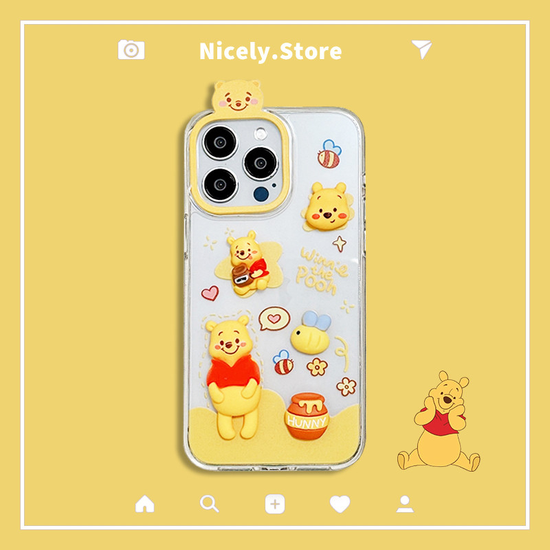 3d น่ารัก Bee น้ําผึ้ง Winnie the Pooh เคสโทรศัพท์สําหรับ iPhone 16 15 14 13 Pro Max iPhone16 15Promax กันกระแทกอะคริลิค Hard Shell
