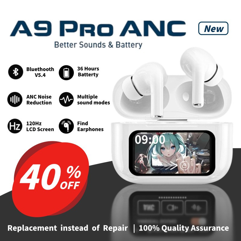 A9 PRO ANC หูฟัง TWS ไร้สายบลูทูธ 5.4 ชุดหูฟัง ANC หูฟังลดเสียงรบกวน LCD หน้าจอสัมผัสหูฟังกันน้ํากีฬ