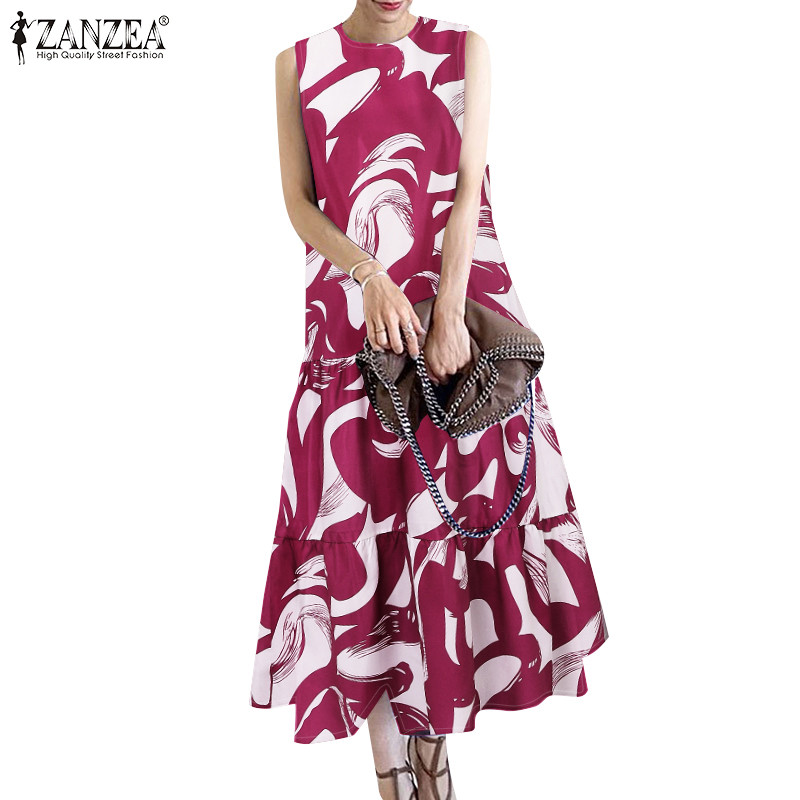 ZANZEA ใส่ ซานเซีย ผู้หญิงแฟชั่นแขนกุด โอ-คอผิดปกติดอกไม้เย็บปะติดปะต่อกันชุด