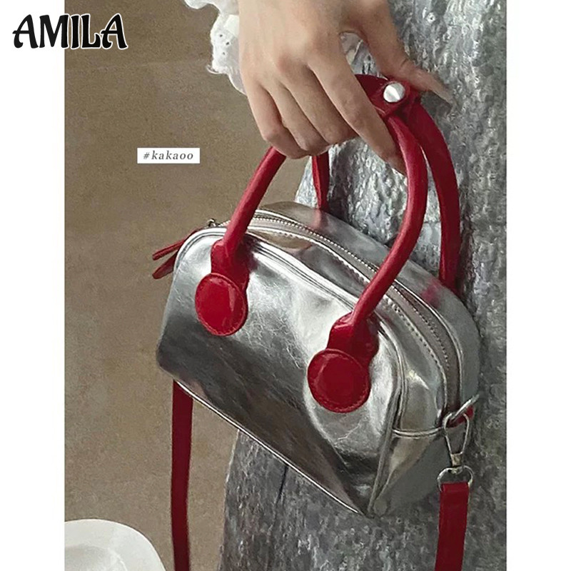Amila แฟชั่นสี Contrast กระเป๋าโบว์ลิ่งแบบพกพา Crack Niche กระเป๋าสะพาย Messenger