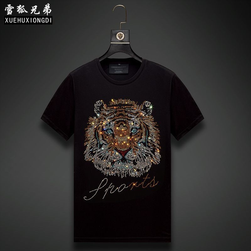 เสื้อยืดแขนสั้นผ้าฝ้ายขนาดบวก Rhinestone Tiger สําหรับผู้ชายฤดูร้อนแขนสั้นเสื้อลําลองบาง