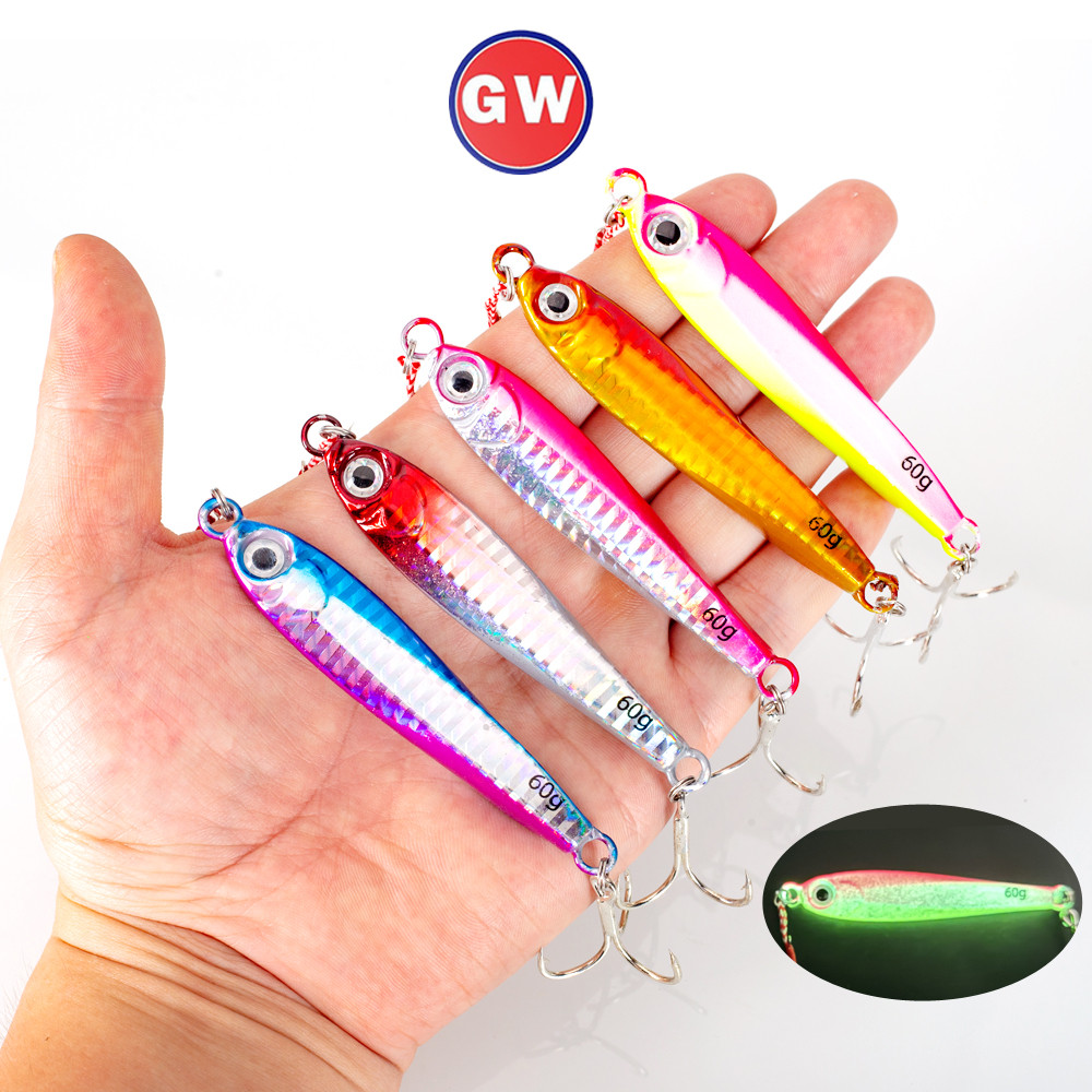Metal Slow Jig 7-60g Luminous Sinking Casting Jigging Bait พร้อม Two Assist Hook สําหรับ Tuna Bass ในเกียร์ตกปลาน้ําจืดน้ําเค็ม