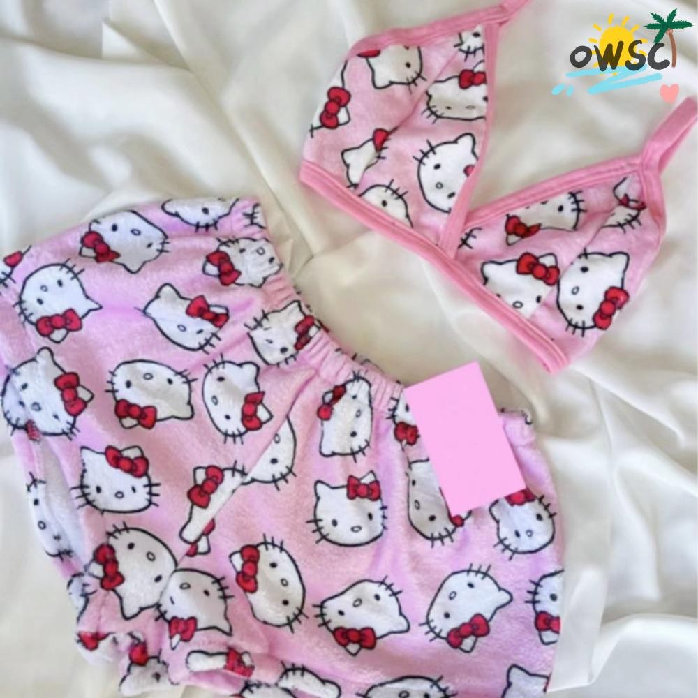 Owsc Home Wear, ชุดนอนสุภาพสตรีหลวมสองชิ้น Sanrio, ฤดูร้อน Kawaii Hello Kitty การ์ตูนกางเกงนอนสําหรับผู้หญิง