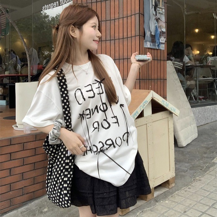 Luna Shop 🍒 เสื้อยืดทรงหลวม 🎇🎇 เสื้อแขนสั้นผูกโบว์อเนกประสงค์สไตล์เกาหลีลำลองและอ่อนโยนในสไตล์ขี้เกียจ - รูปที่ 3