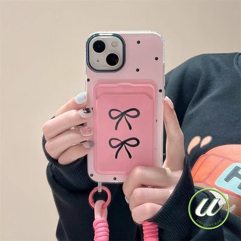 โบว์ผูกเชือกกระเป๋าสตางค์ช่องใส่บัตรเข้ากันได้เคส IPhone 12 11 13 7Plus 15 14 Pro Max X XR XS Max 8 15 7 14 Plus SE 2020