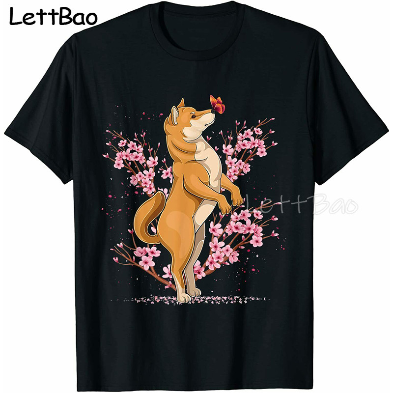 Shiba Inu Cherry Blossom ดอกไม้ T เสื้อผ้าฝ้าย 100% เสื้อยืดหลวมด้านบนขนาด XS-3XL Kawaii สัตว์สไตล์ญี่ปุ่นเสื้อผ้าบุรุษ