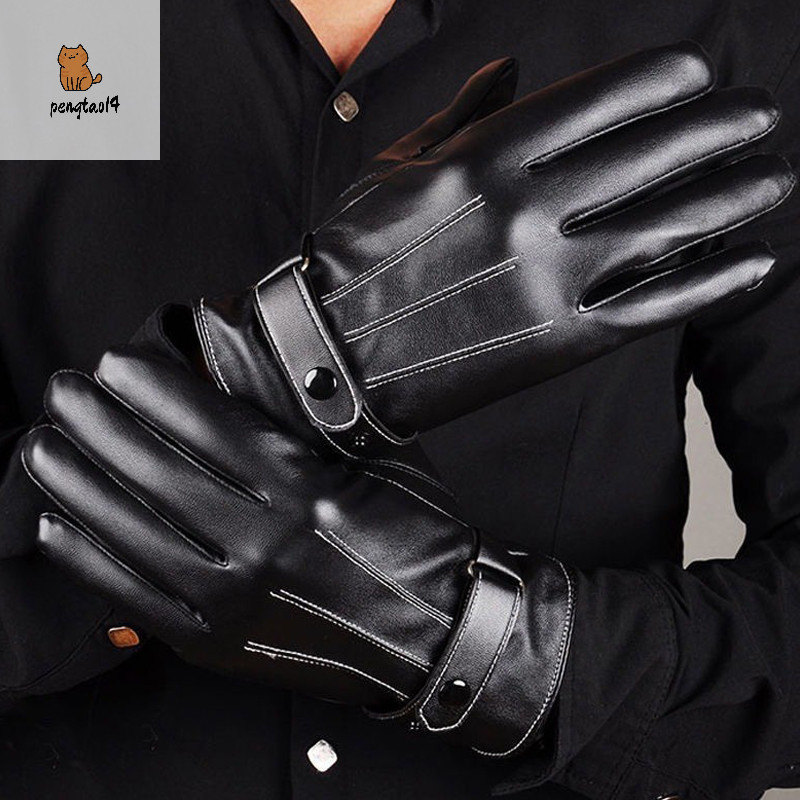 Pengtao14 ผู้ชายฤดูหนาว PU หนังถุงมือสีดําปุ่ม Warm Mittens กีฬากลางแจ้งขับรถเล่นสกีผู้ชายถุงมือกันลมอุปกรณ์ฤดูหนาวใหม่
