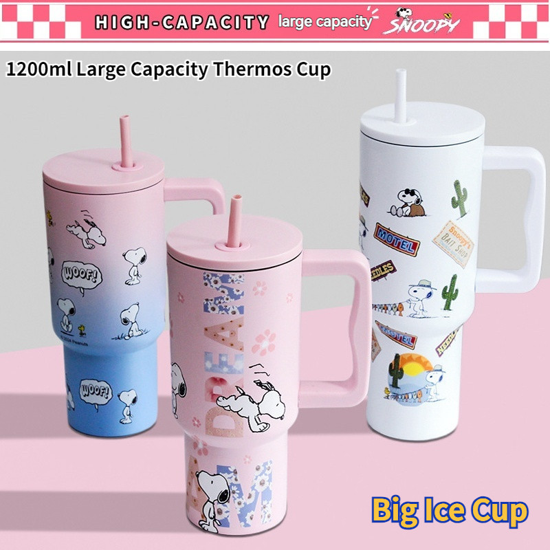 Snoopy แก้วเก็บความเย็น 1200mlพร้อมที่จับและฝาฟางถ้วยแก้วกระติกเก็บความร้อนและเย็นถ้วยน้ำในรถยนต์ขนาด40ozถ้วยน้ำกลางแจ้ง