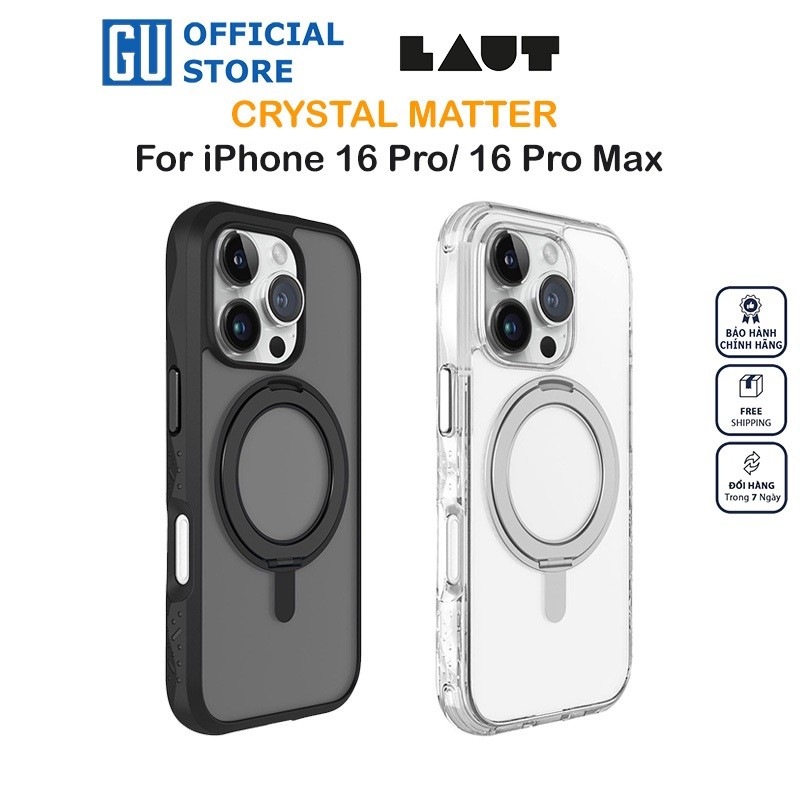 LAUT Crystal Matter Case สําหรับ iPhone 16 Series MagSpin Ring พร้อมการชาร์จไร้สายหมุนได้ 360 องศาแบ
