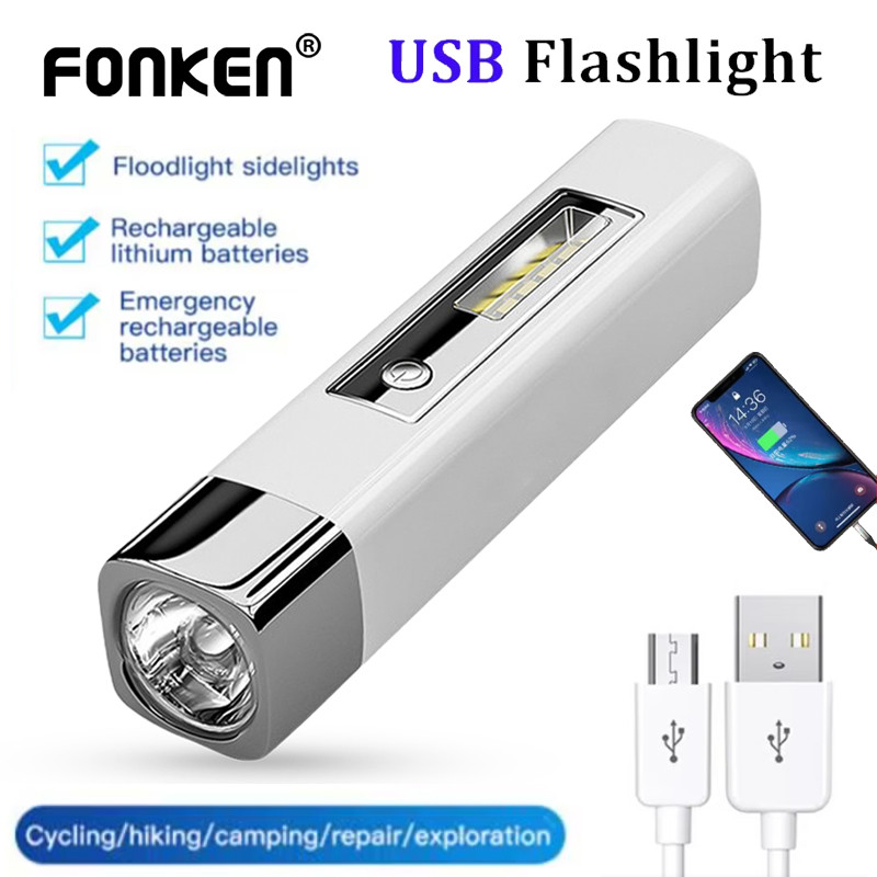 Fonken ไฟฉายขนาดเล็กกันน้ําด้านข้าง Power Bank ไฟฉายระยะไกลแบบพกพาเดินป่าตั้งแคมป์
