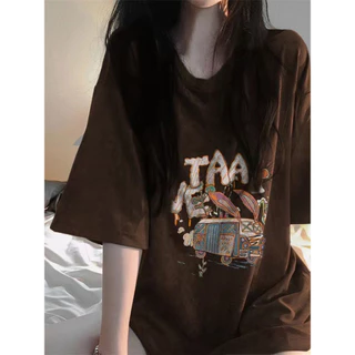 COD✅ (จัดส่งในกรุงเทพฯ) MAO Shop Printed T-shirt，เสื้อยืดพิมพ์ลายการ์ตูนรถบัสสีน้ําตาลอเมริกัน oversize #53964