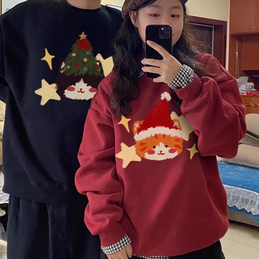แฟชั่นคริสต์มาสแมวเสื้อกันหนาวผู้หญิงแขนยาวเสื้อสวมหัวฤดูใบไม้ร่วงและฤดูหนาวเสื้อคู่
