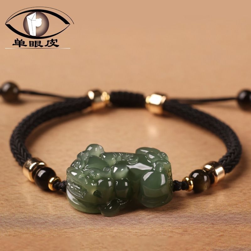 [แสดงความโชคดี] หยกโชคดีปี่เซียะสร้อยข้อมือคู่เชือกสีแดงถักสร้อยข้อมือไพลินโชคดี