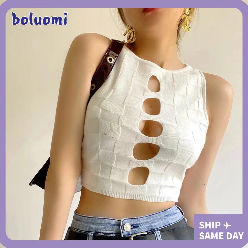 เสื้อสายเดี่ยว BOLUMI, เสื้อกล้ามกลวงออกคอกลมบาง, เสื้อครอปแฟชั่นผ้าฝ้ายสั้นสาวฮอต