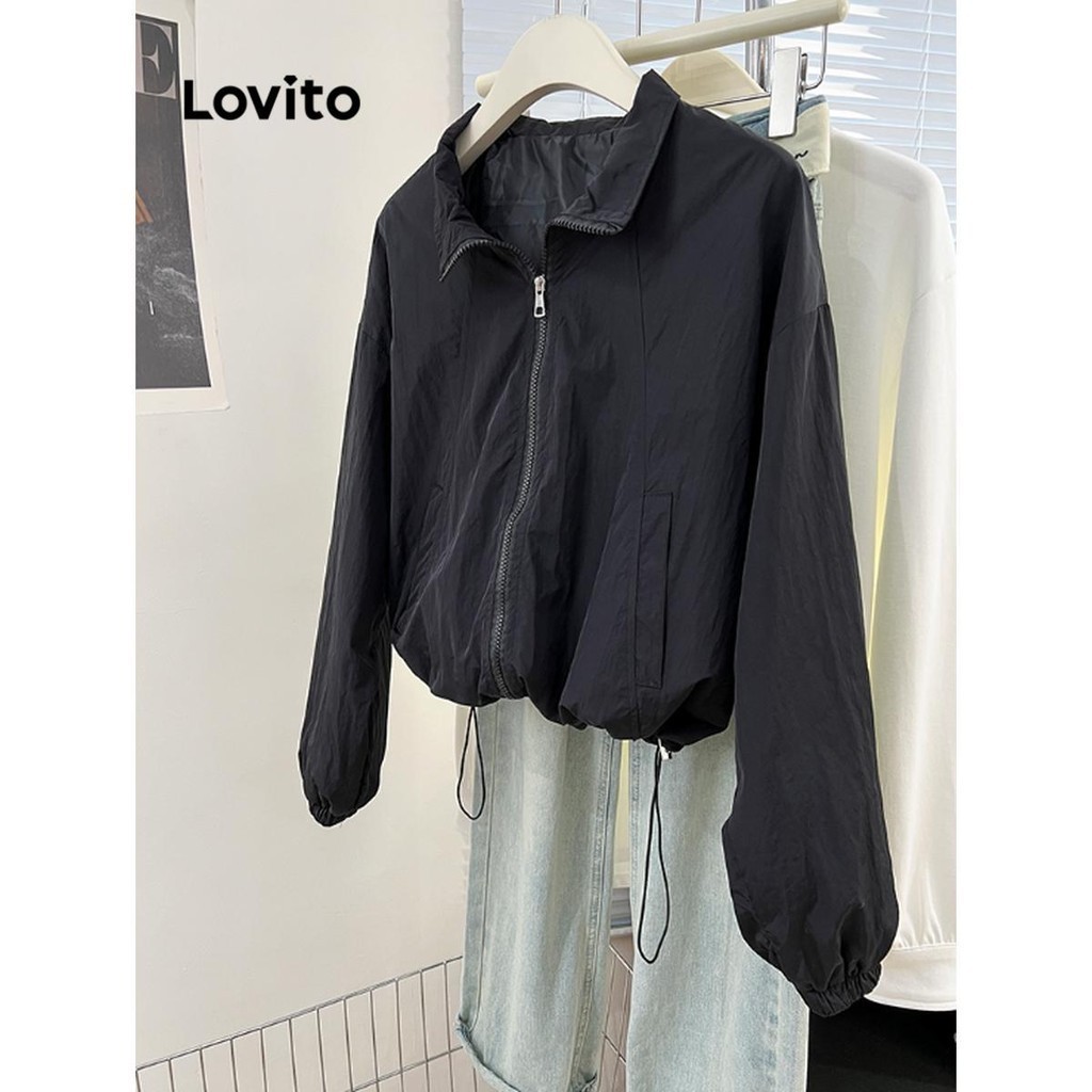 Lovito เสื้อแจ็คเก็ตผู้หญิง มีซิป สีพื้น สไตล์ลำลอง LNE63255