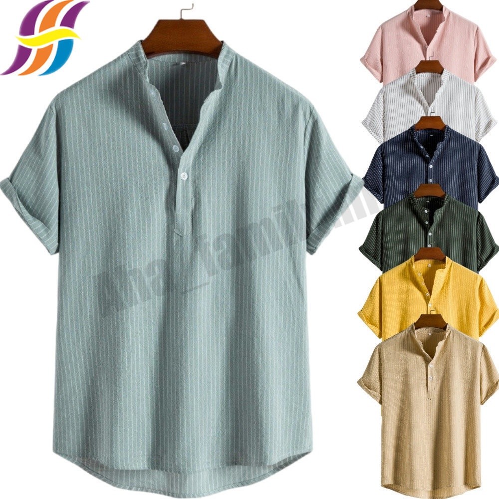 Casual Stripe Baju เสื้อผู้ชาย Kemeja Lelaki ผ้าฝ้ายลินินเสื้อยืดแขนสั้น Casual Striped เสื้อ Banded Collar หลวม Fit เสื้อผ้าฝ้ายดึงปุ่มด้านบน