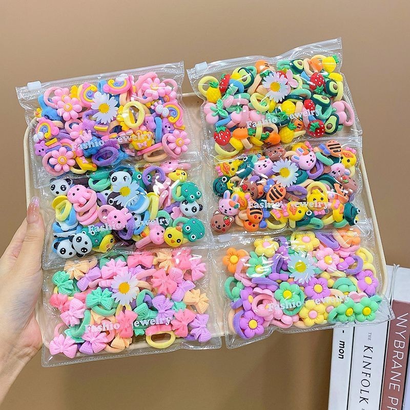 20ชิ้น/ถุง ยางรัดผมโบว์เด็ก การ์ตูนสัตว์ ผ้าขนหนูแหวน Y2K สำหรับผู้หญิง