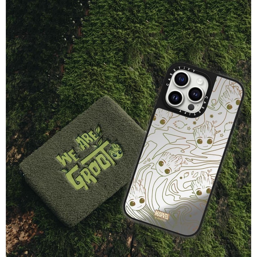 Casetify X Marvels We Are Groot Pattern Case แม่เหล็กดูด Black & Sliver Mirror IPhone Case IPhone 16 15 14 13 12 Pro Max Plus Hard Back Case Cover พร้อมกล่องแกะสลักโลโก้