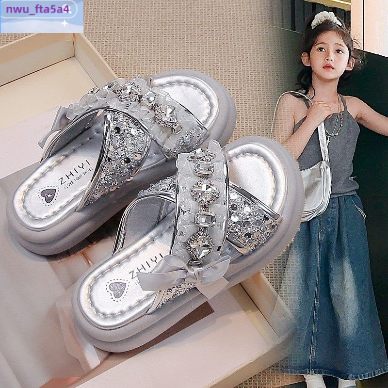 รองเท้าเด็กผู้หญิงเลื่อม Rhinestone พื้นนุ่ม สไตล์เจ้าหญิงสำหรับฤดูร้อน ขนาดกลาง ใส่สบาย