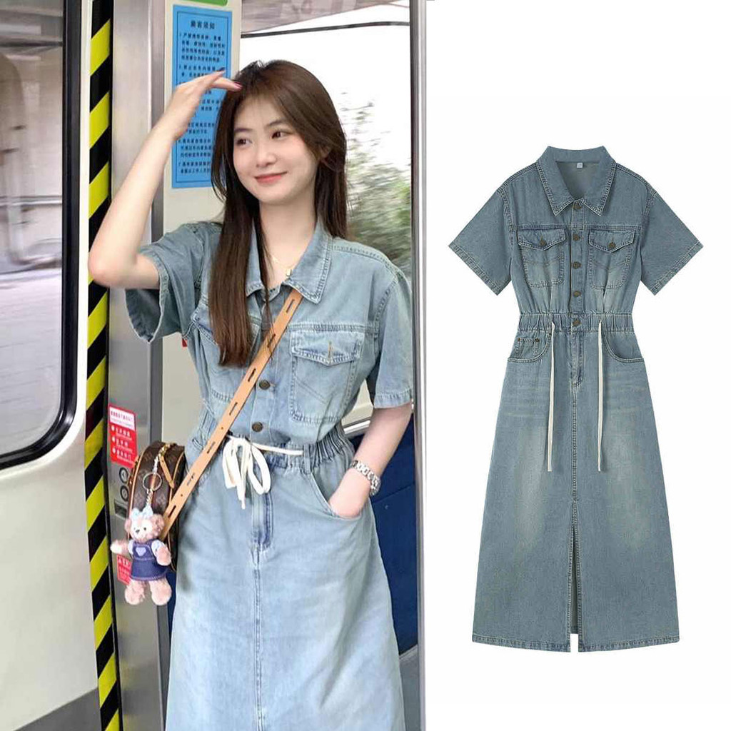 Dahong 2337 ชุดเดรสยีนส์แขนสั้น คอปก ทรงเอไลน์ มีหระเป๋า สีพื้น S-XL