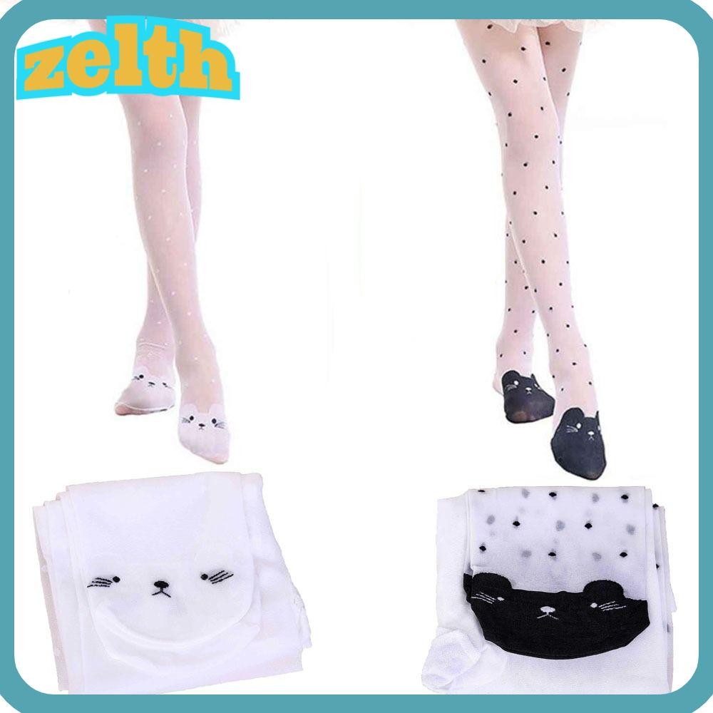 Zelth ฤดูใบไม้ผลิฤดูร้อน Tights, Tiptoe การ์ตูนแมวบางเด็กถุงน่องผ้าไหม, Creative คอสเพลย์สีขาวสีดํา Breathable Dot Legging คอสเพลย์