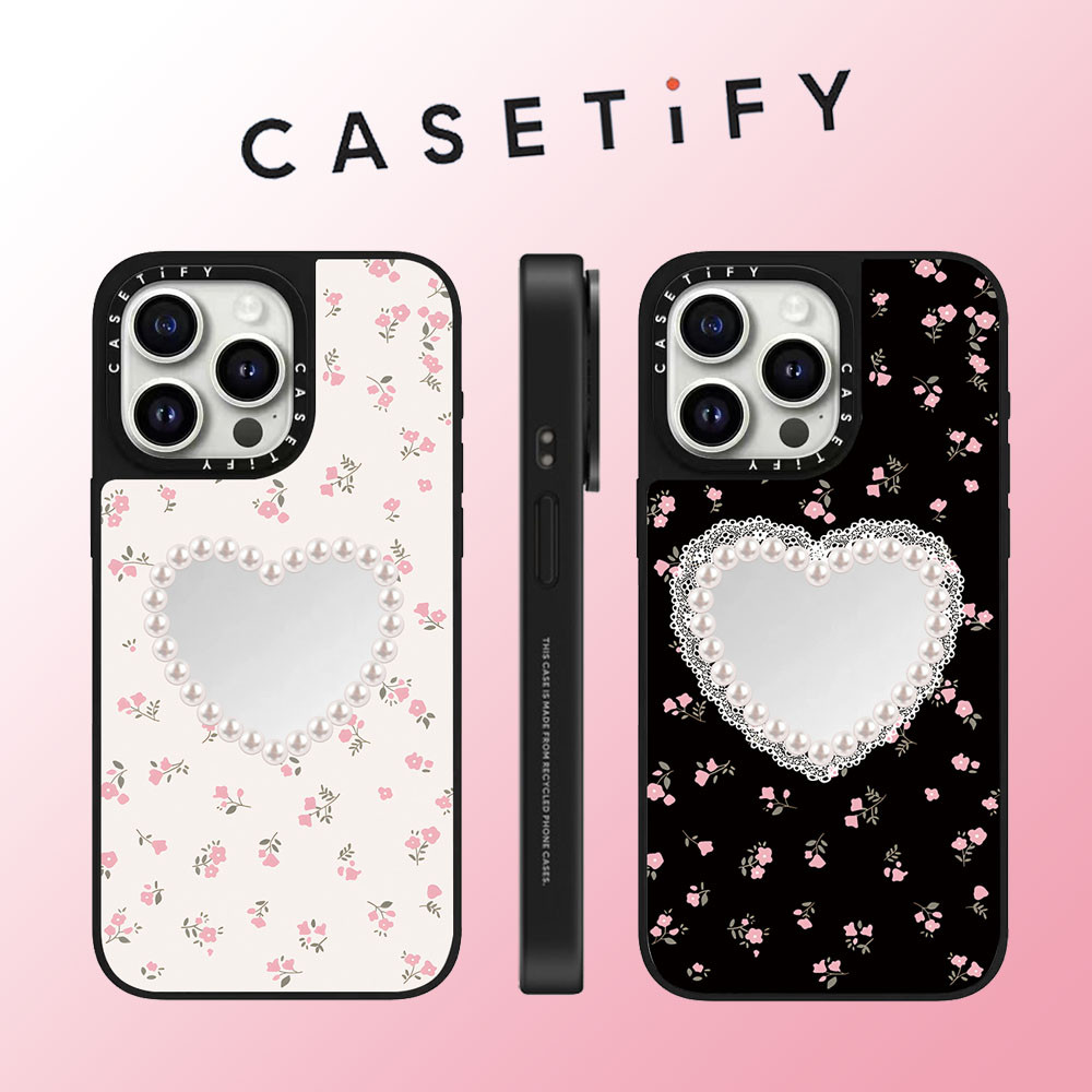 Casetify ดอกไม้สีชมพู Love กระจกใบหน้าเคสโทรศัพท์สําหรับ iPhone 16 Pro Max 15 Plus 14 ProMax 13 12Pro 11 โทรศัพท์กันกระแทกขอบนุ่มฮาร์ดป้องกันกรณี
