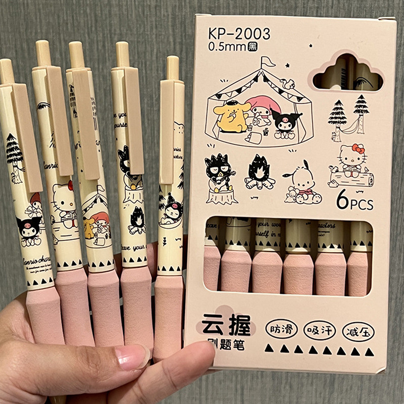 Sanrio 6 ชิ้น/เซ็ต Hello Kitty Kuromi Kawaii Quick Drying ปากกาเจลสําหรับ LearningBlack 0.5 มม.กดปากกาลูกลื่นการเรียนรู้เครื่องเขียนของขวัญ