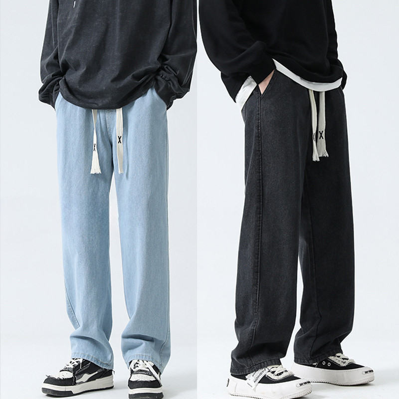 ผู้ชายทรงหลวมพอดีกางเกงยีนส์กางเกงลําลองสไตล์ฮิปฮอป,เอว เชือกรูด,ถุงกางเกงยีนส์วินเทจสําหรับสตรีทแวร์
