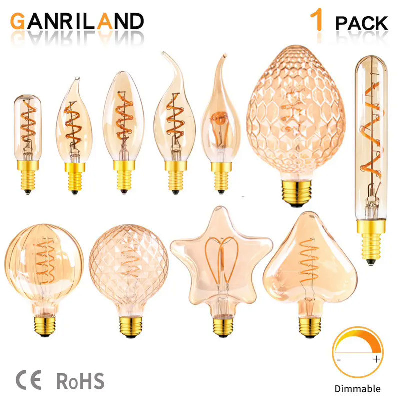 E14 E27 Retro Spiral Light LED Filament Bulb 110V-240V T25 C32 C35 T20L Dimmable 3W 2200K Vintage La