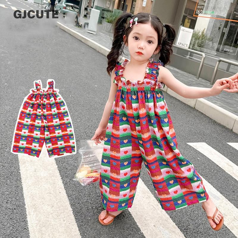 Gjcute สาวแฟชั่น Suspender Jumpsuit ฤดูร้อนใหม่ Overalls เด็กผู้หญิงฤดูร้อน Love กางเกงขนาดกลางและขนาดใหญ่เด็กกางเกงหลวม WTD
