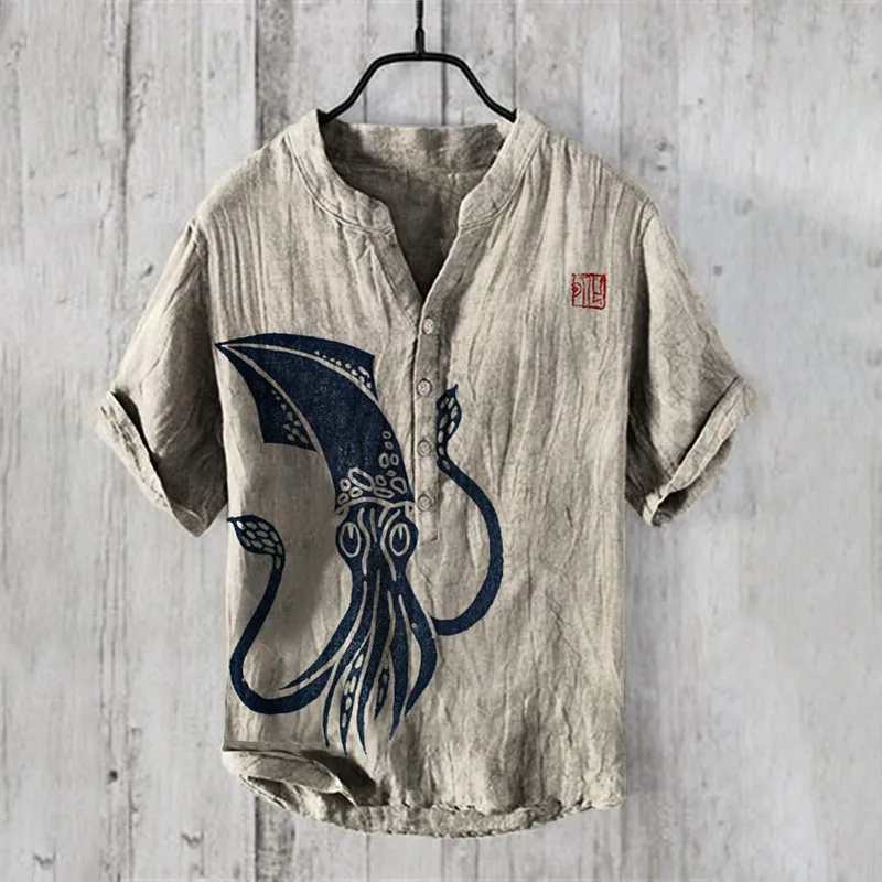 เสื้อเชิ้ตผู้ชาย เฮนรี่ - เสื้อยืดเสื้อผ้าพิมพ์ปลาหมึก รูปที่ 4