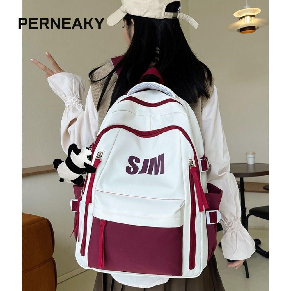 Perneaky กระเป๋าเป้สะพายหลังจี้แพนด้า, กระเป๋านักเรียนความจุขนาดใหญ่อเนกประสงค์, น่ารักไนลอนน้ําหนักเบา Rucksack ผู้หญิงสาว