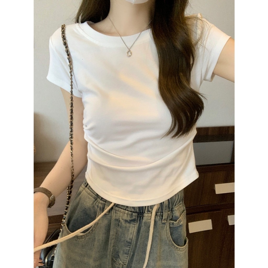 จัดส่งทันที✨เสื้อยืดผู้หญิง ผ้ายืดรูปทรงสวย ด้านข้างออกแบบจีบ ย้อนยุค แขนสั้นคอกลม เสื้อแฟชั่น-T249 - รูปที่ 7