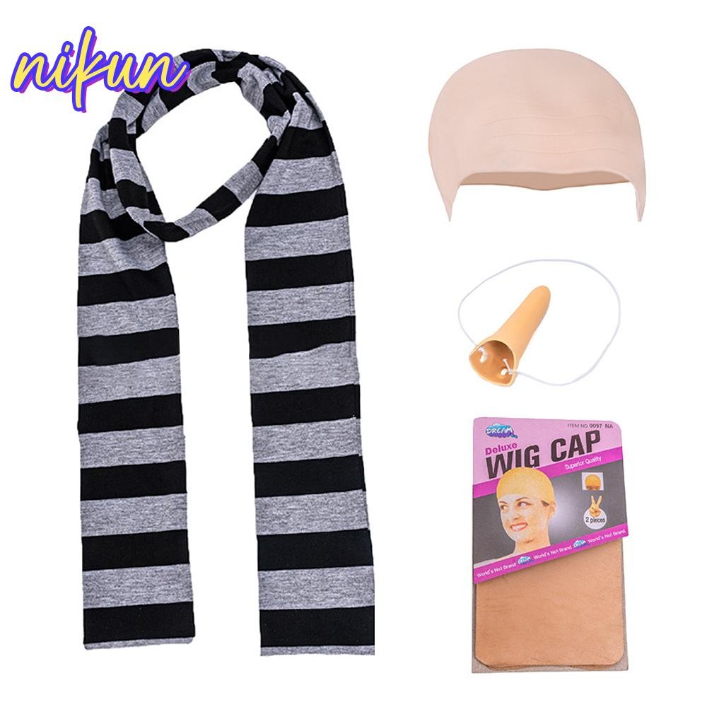 Nikun 4 ชิ้น Gru Cos ชุด, จมูกปลอม Despicable Me ฮาโลวีนเครื่องแต่งกายอุปกรณ์เสริม, สีดําสีเทาลายผ้าพันคอหัวล้านหมวกคอสเพลย์ชุดสําหรับชาย
