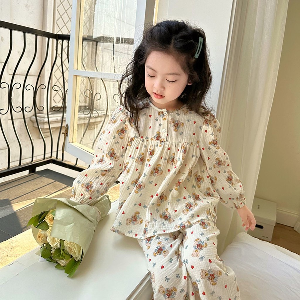 สาวแขนยาวชุดนอนชุดฤดูใบไม้ผลิฤดูใบไม้ร่วงแฟชั่นสไตล์ใหม่เวอร์ชั่นเกาหลีผ้าฝ้ายแท้นุ่มสบายระบายอากาศการ์ตูนหมีพิมพ์ ชุดลําลอง สอง-