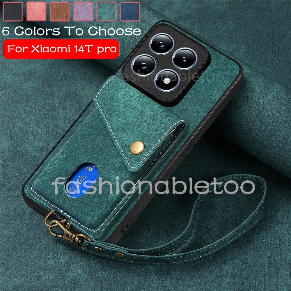 Matte หนังเคสโทรศัพท์สําหรับ Xiaomi 14T pro 14tpro 1 4 Xiaomi14T pro Xiaomi14Tpro Xiaomi14Ultra ช่องใส่การ์ดกระเป๋าสตางค์วงเล็บปลอกแม่เหล็กพร้อมเชือกเส้นเล็กกันกระแทกปกหลัง
