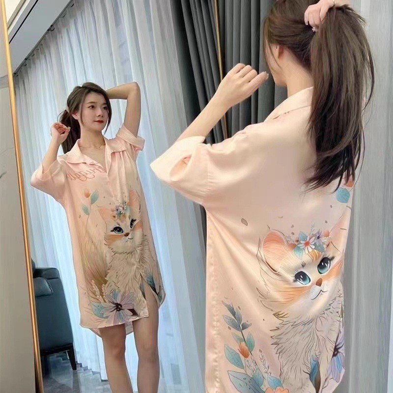 2025 ฤดูร้อนอินเทอร์เน็ตคนดัง High-End ผ้าไหมน้ําแข็งแขนสั้น Nightdress ผู้หญิงขนาดใหญ่เซ็กซี่เสื้อชุดนอนสาวกางเกงขาสั้น