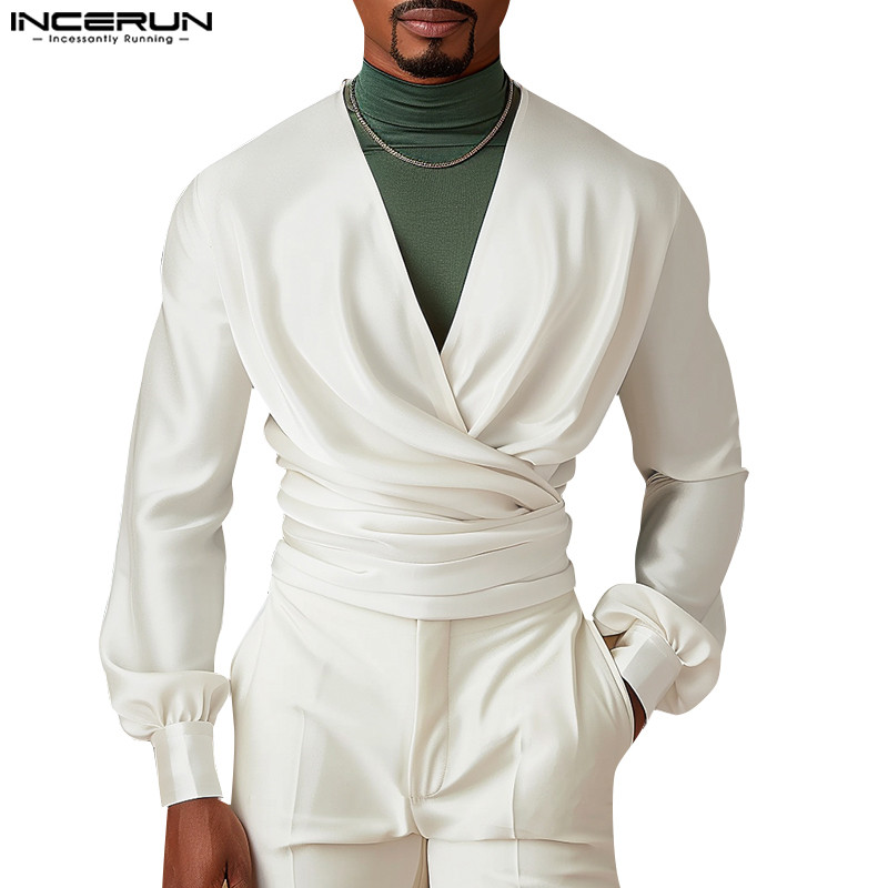 Incerun Men Vintage Casual Deconstructed Slanting Crossover Collar Shirts