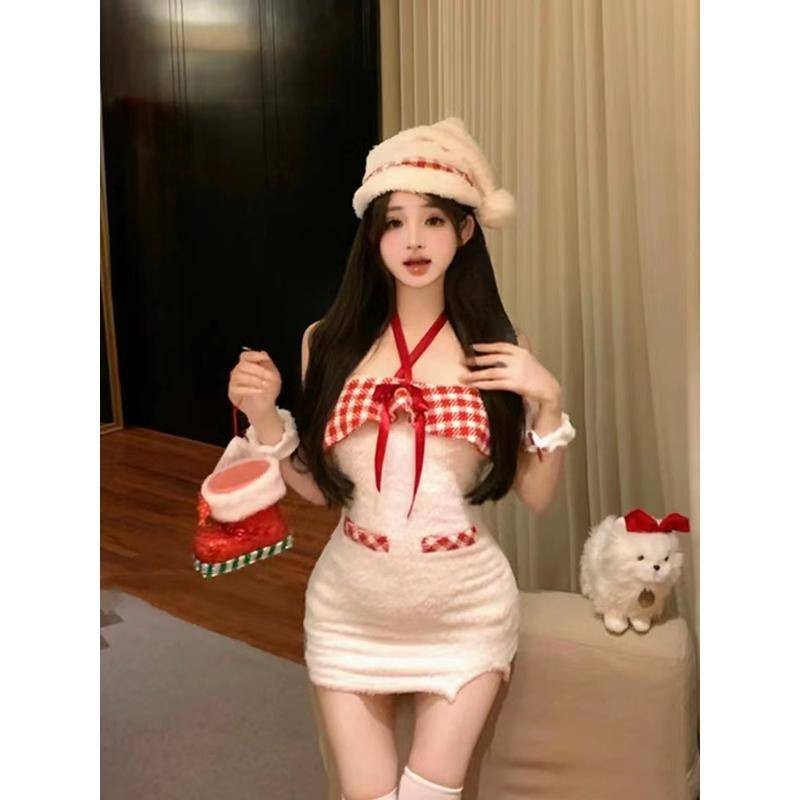 Xyzkuli ฤดูหนาวเสื้อส่งท้ายปีเก่าสีแดงความปรารถนาบริสุทธิ์สาวร้อนขนยาวลายสก๊อตลูกไม้เชือกแขวนคอคอกระเป๋าสะพายข้างเดียวสะโพกกระโปรงสั้น
