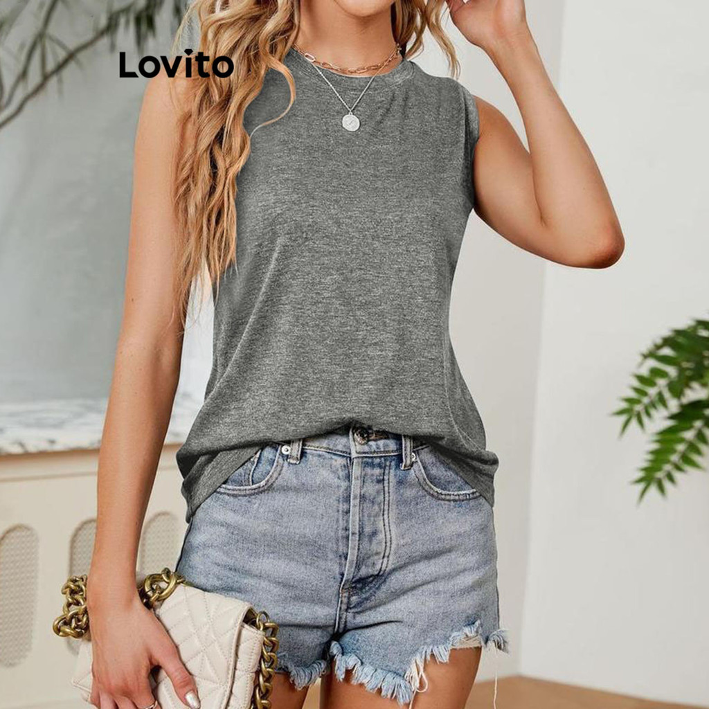 Lovito เสื้อกล้ามผู้หญิง ผ้าถัก สีพื้น สไตล์ลำลอง LNL43003