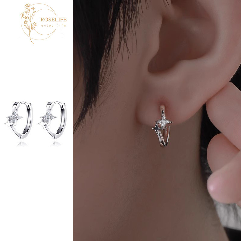 Roselife Unisex 1 คู่ Cool แฟชั่นเงิน Shining คริสตัล Cross Star Hoop ต่างหูรอบหูเครื่องประดับอุปกรณ์เสริม