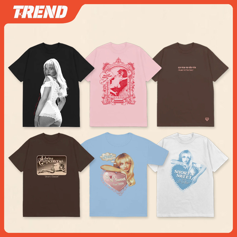 Sabrina Carpenter สั้น N Sweet Tour Merch ผ้าฝ้ายเสื้อยืดผู้ชายและผู้หญิง Plus ขนาด Vintage Street แฟชั่นหลวมพิมพ์แขนสั้นด้านบนฤดูร้อนนักเรียนเสื้อลําลอง Tee